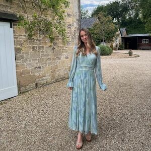 Blue Long Sleeve V-Neck Sundress for Wedding Guest